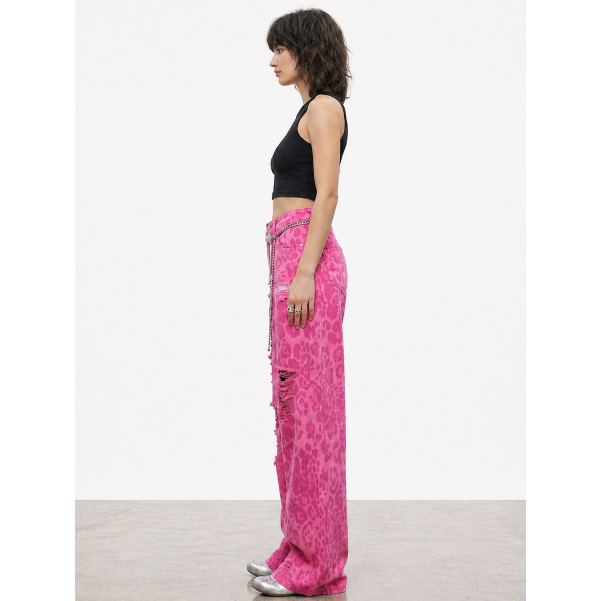 Blugi damă | Wide leg | Imprimeu leopard roz - imagine 3
