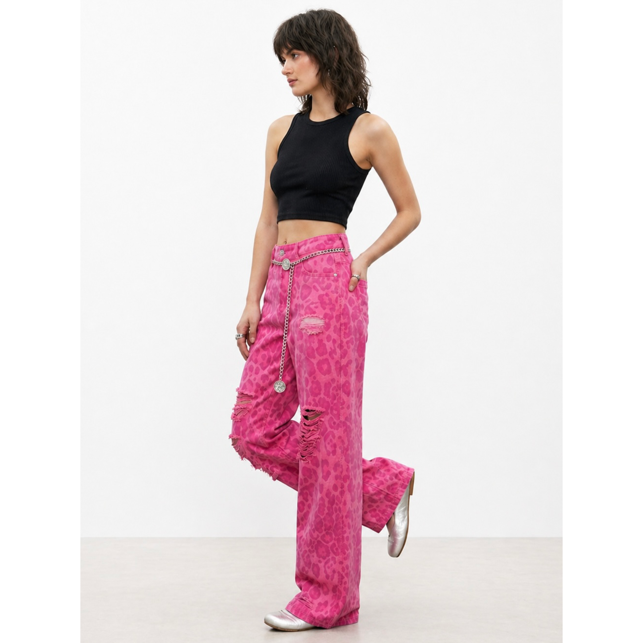 Blugi damă | Wide leg | Imprimeu leopard roz - imagine 4