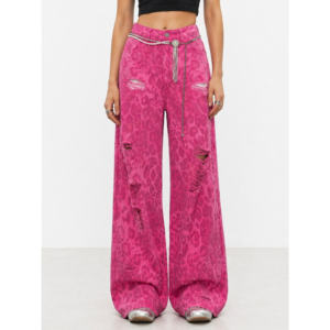 Blugi damă | Wide leg | Imprimeu leopard roz