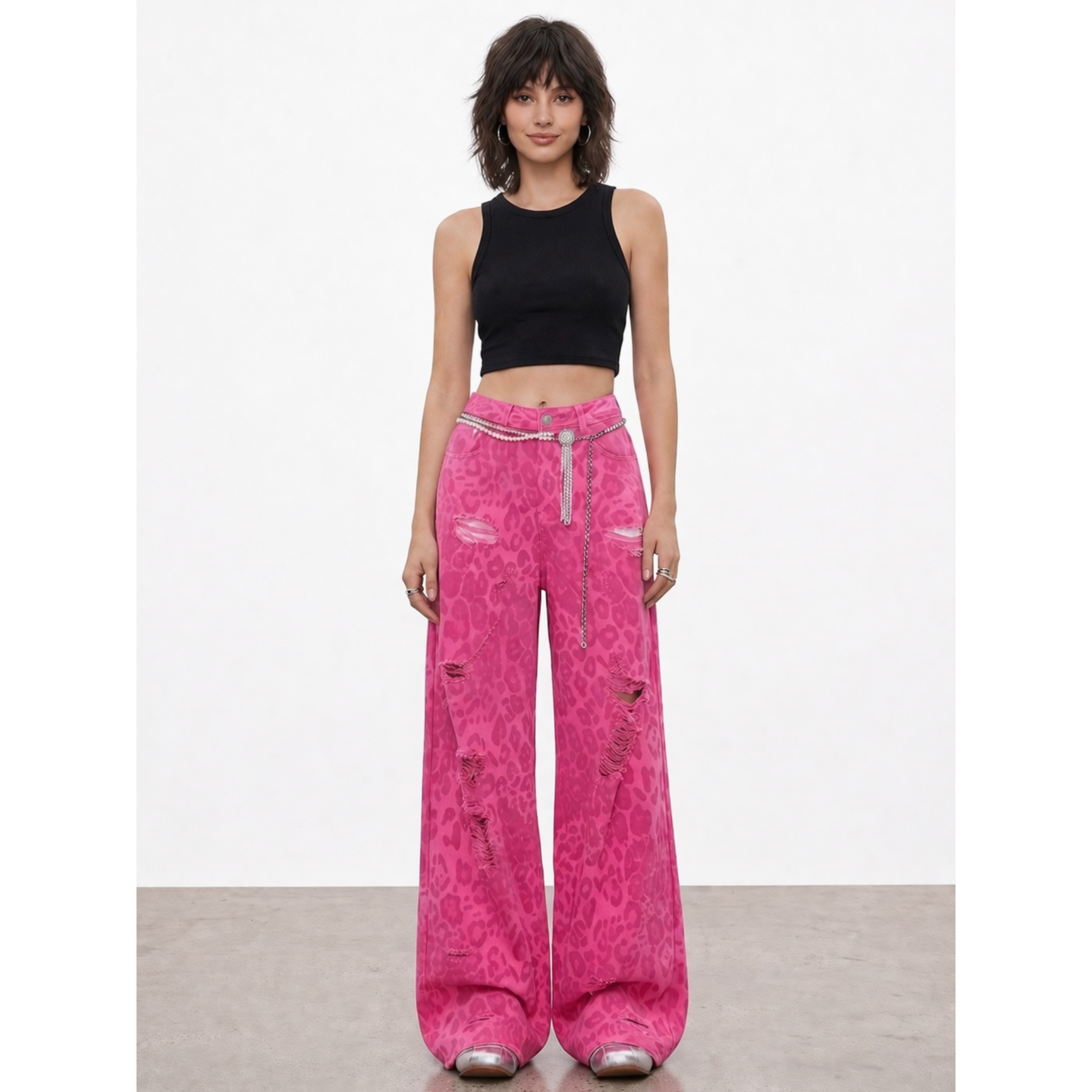 Blugi damă | Wide leg | Imprimeu leopard roz - imagine 2